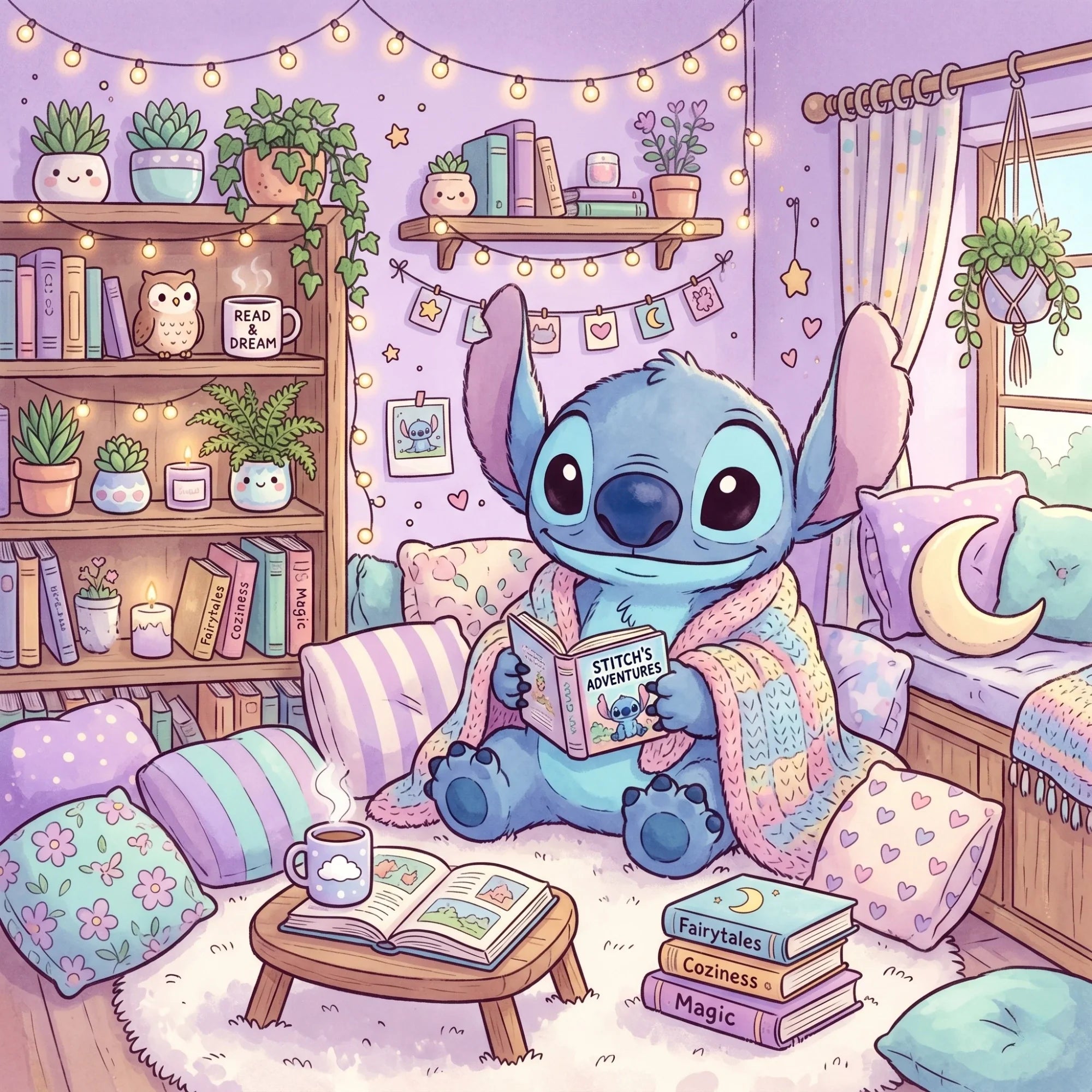 Déco de chambre : Comment aménager un coin lecture autour d'une peluche Stitch XXL.